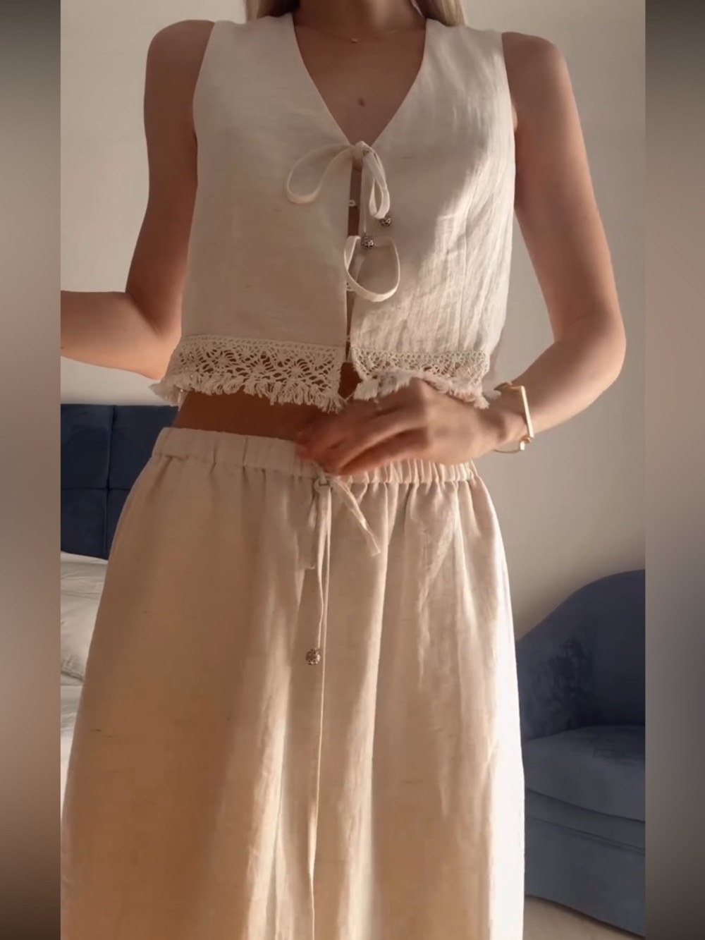 New Fabrique Velia Fringed Vest Set in Cotton Linen